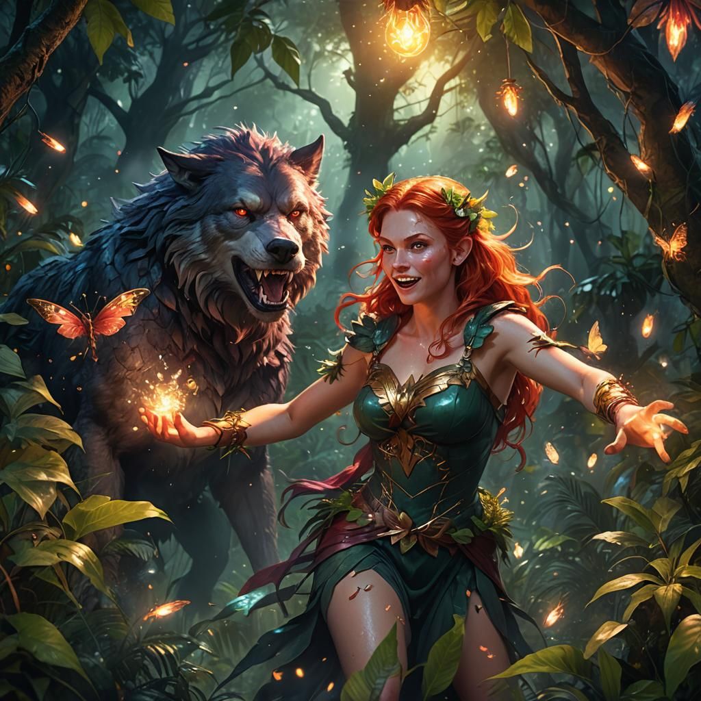 Voluptuous Fairy and Werewolf in Jungle Splash Art