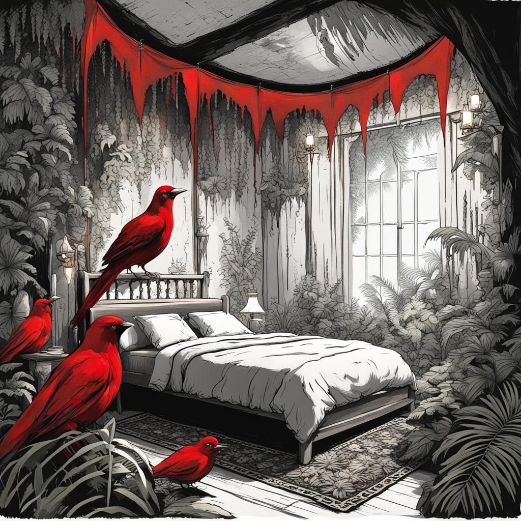 Lush Jungle Cave Bedroom with Exotic Birds