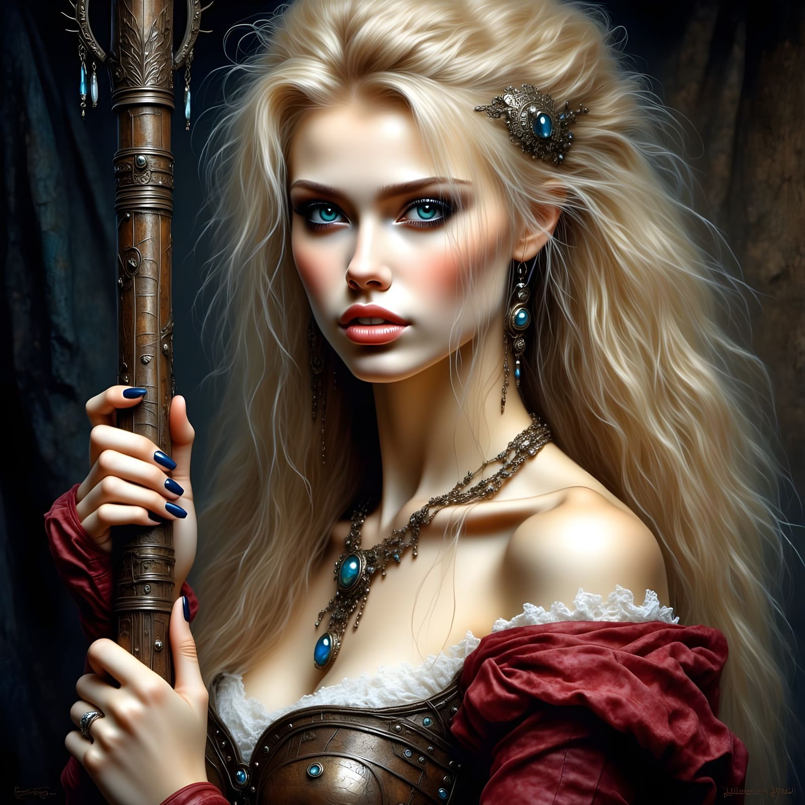 Norse Goddess in Elegant Dark Red Attire