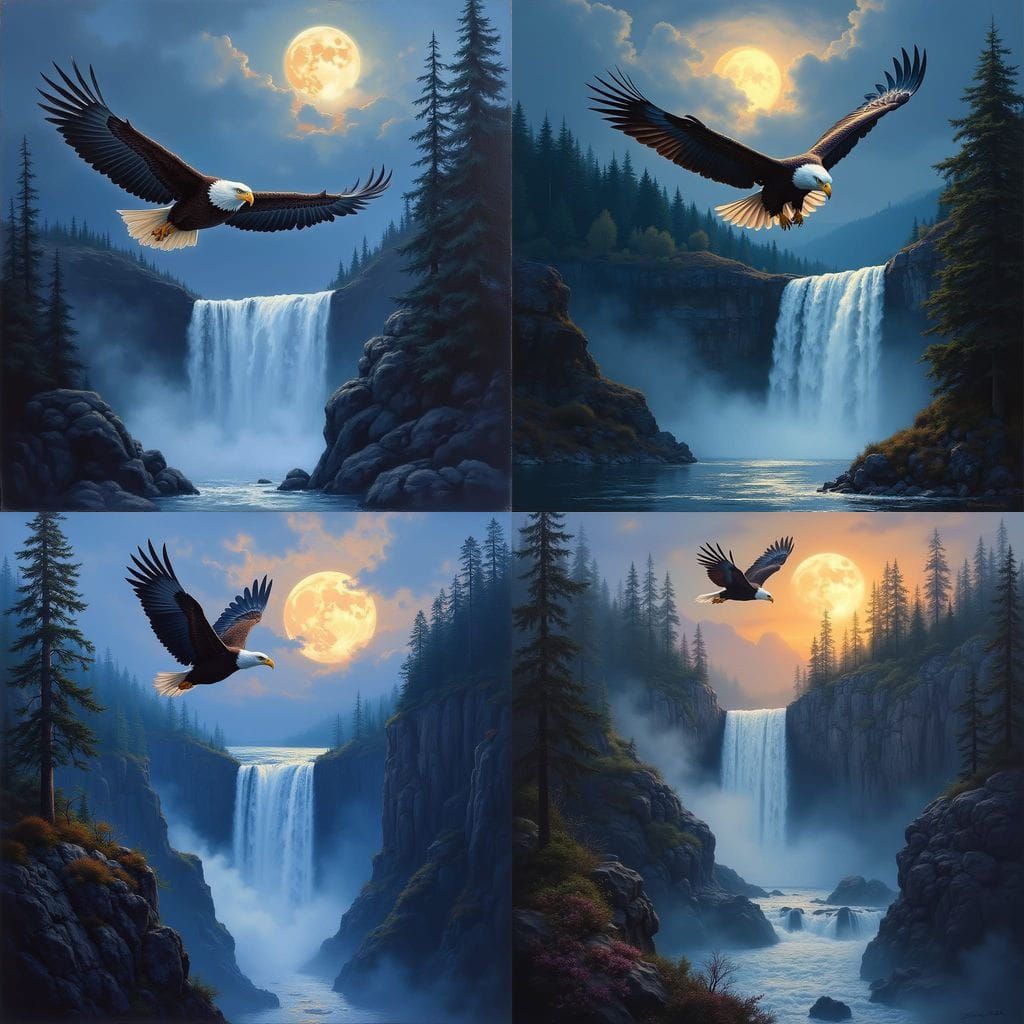 Bald Eagle Over Columbia River Gorge Under Full Moon