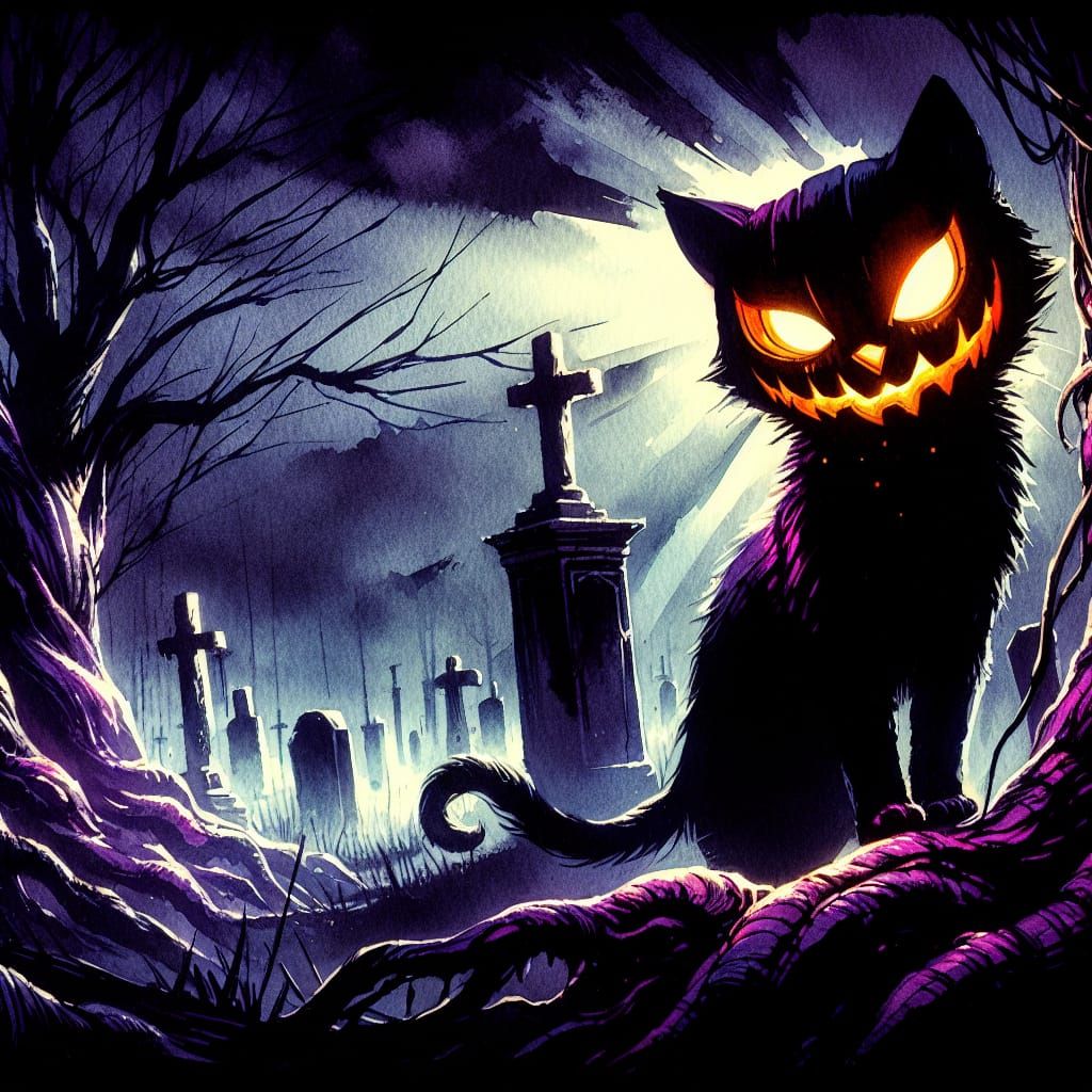Eerie Graveyard Cat in Dark Fantasy Scene