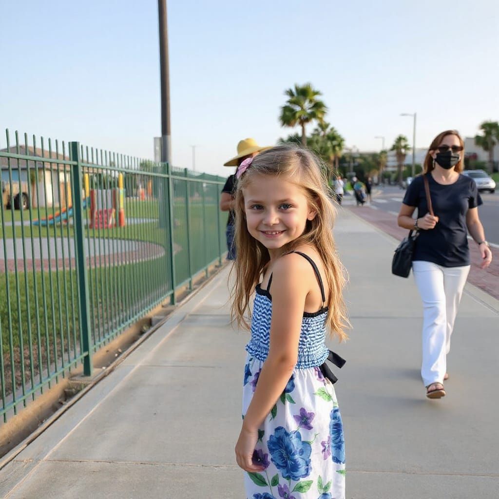 Young Girl in Summer Dress on Sunny Sidewalk