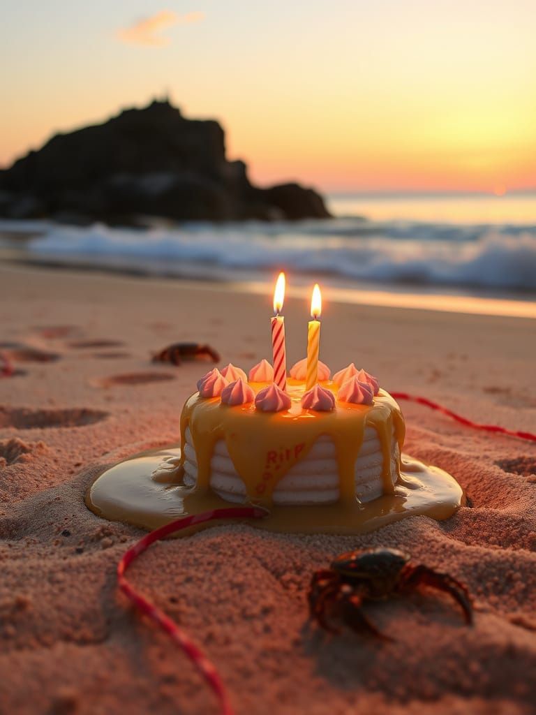 Birthday Cake Melts on Beach Sunrise with Fiddler Crab
