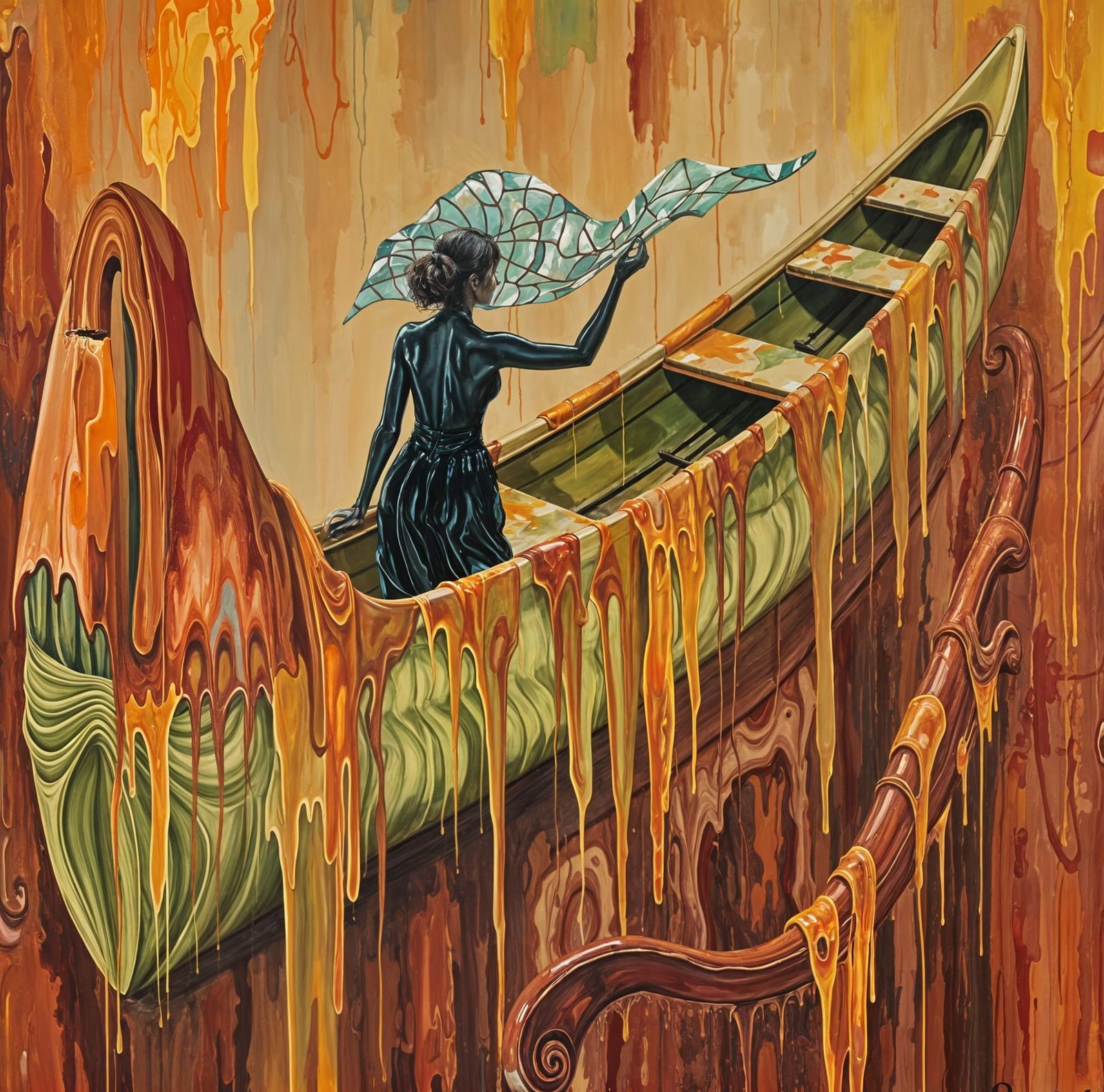 Woman and Canoe in Vibrant, Chaotic Oil Painting