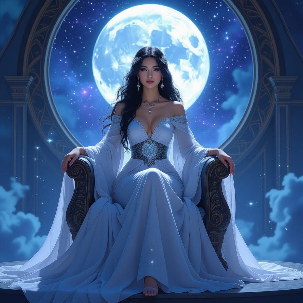 Celestial Oracle on Starlight Throne in Art Nouveau Style