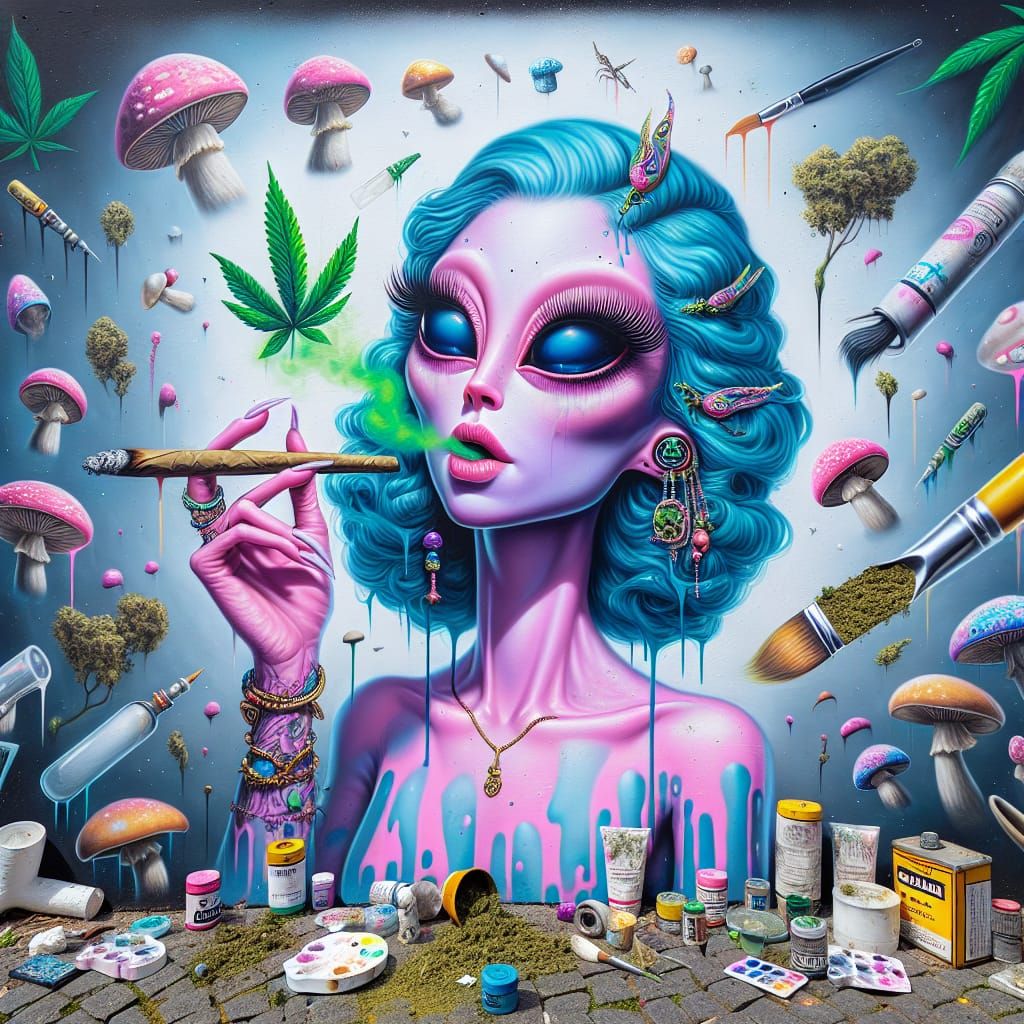 Alien Woman Smoking: Street Art with Melting Effects
