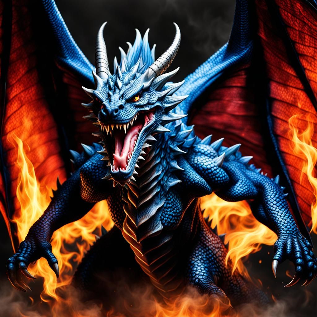 Blue and Black Dragon in Hyperrealistic Style