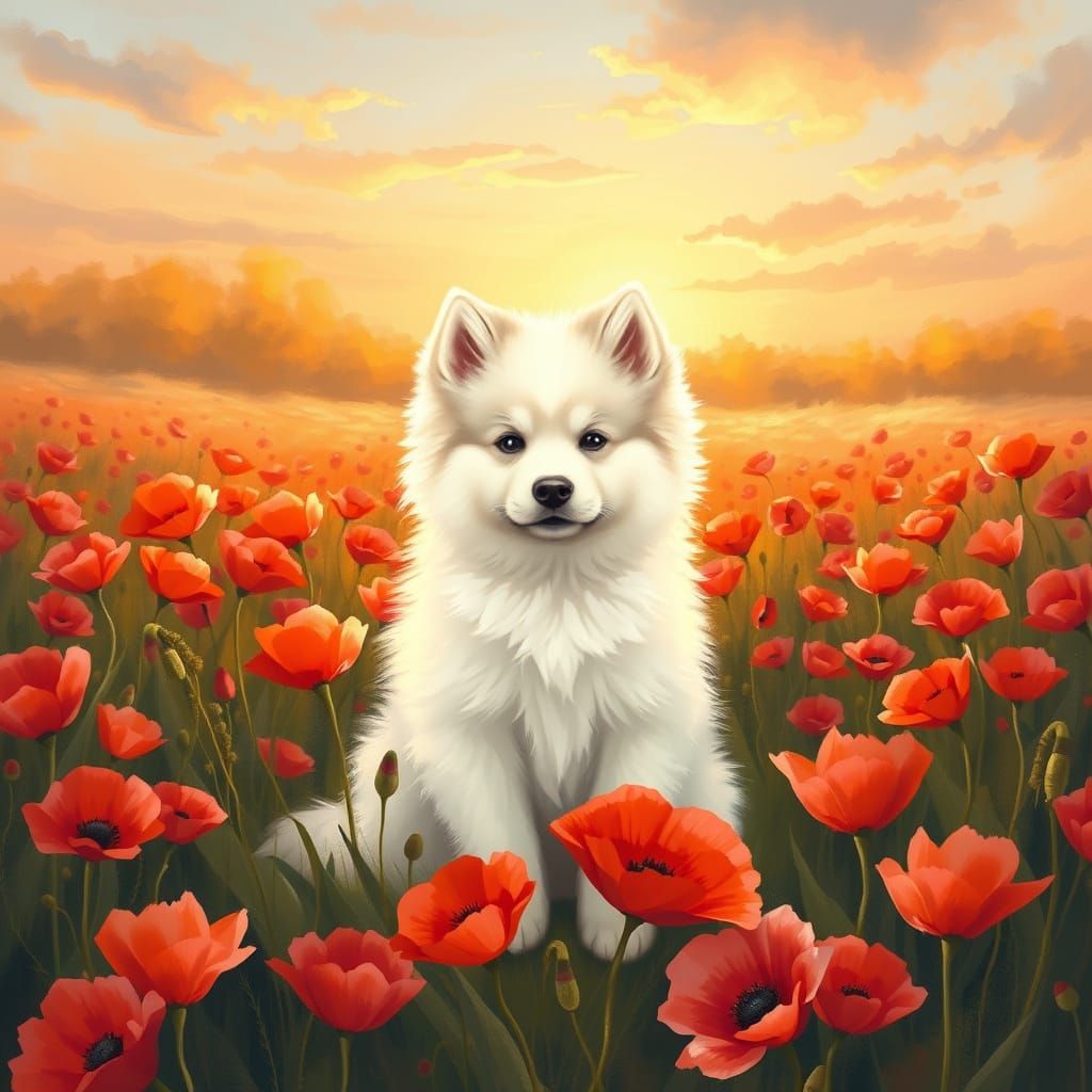 Samoyed Puppy in Poppy Field as Impressionist Art