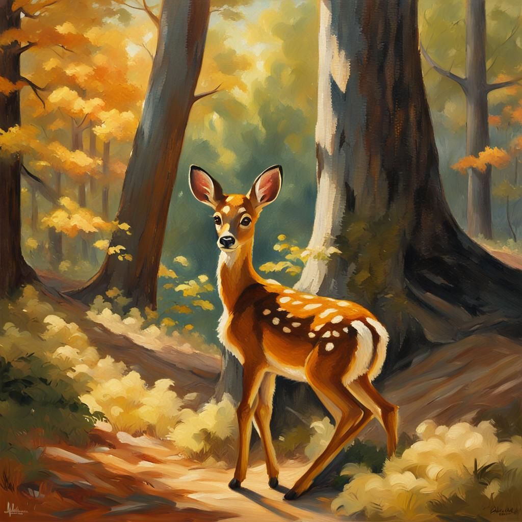 Bambi in Forest, Impressionist Oil Painting