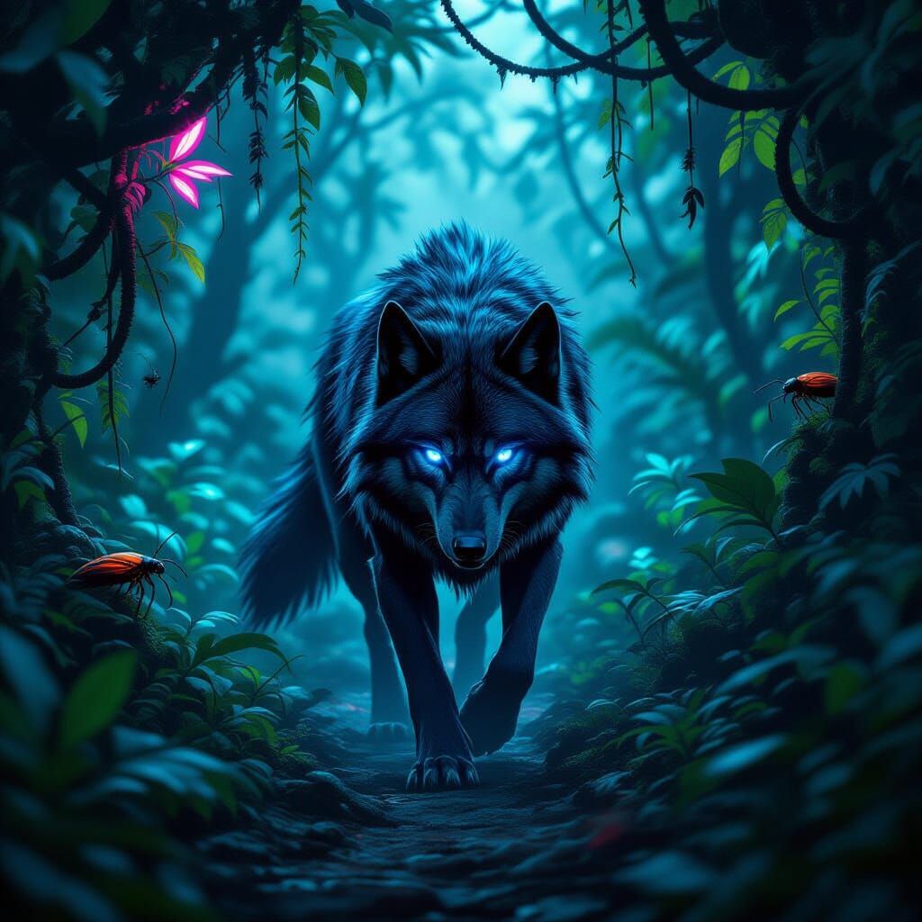 Black Wolf in Neon Jungle on Alien Planet