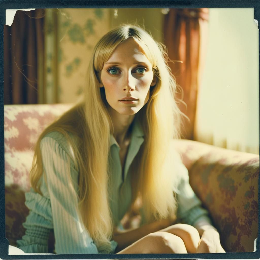 Gaunt Woman on Couch in Retro Polaroid