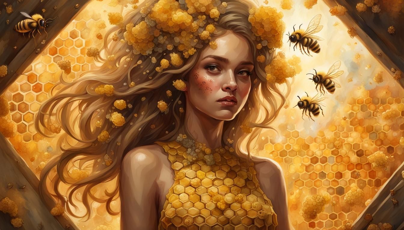 Dancing Bee Girl Portrait in Honeycomb Hive