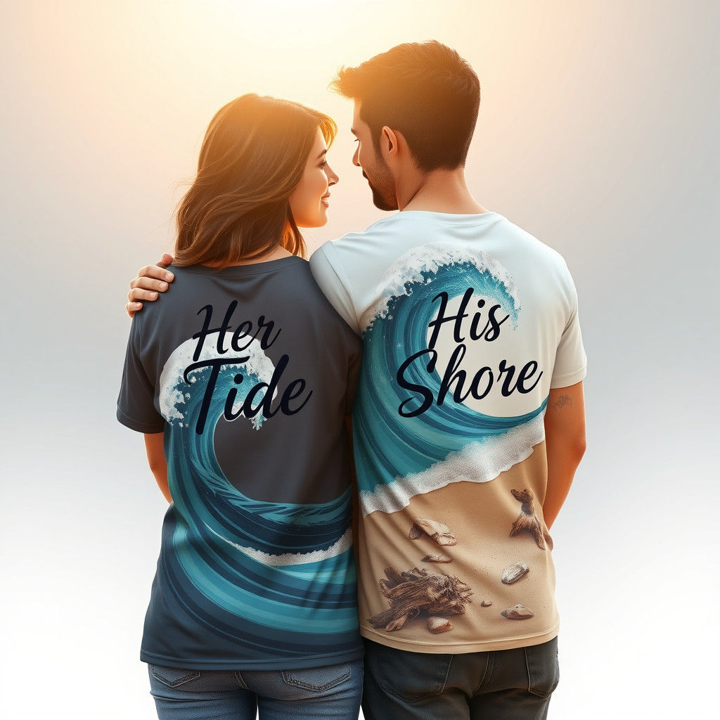 Couple's T-Shirts Merge in Dreamlike Wave Scene