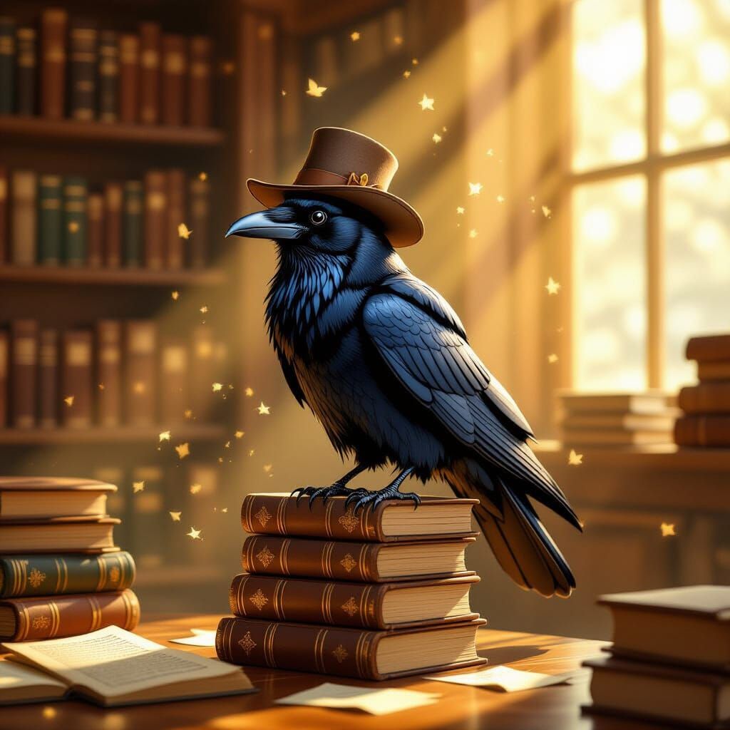 Giant Friendly Raven in Explorer Hat on Books