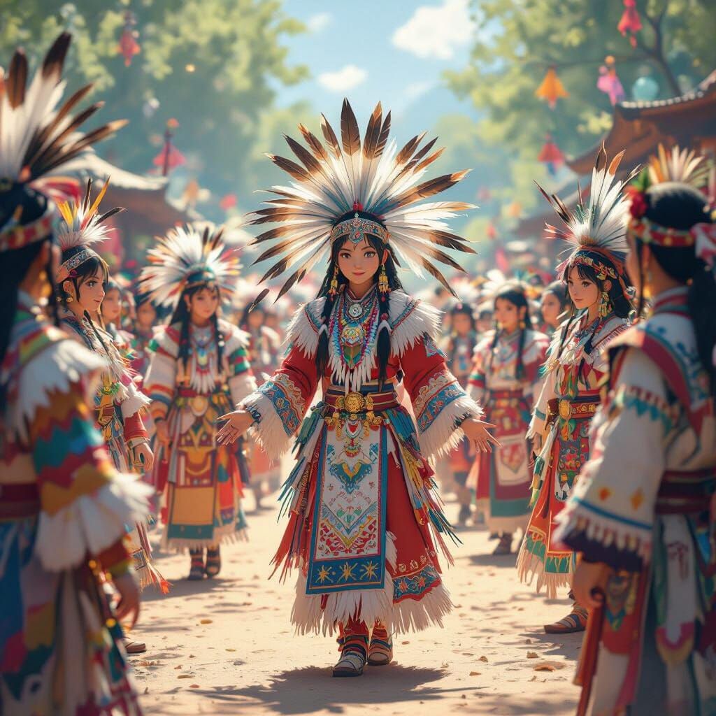 Vibrant Powwow Gathering in Stylized 3D Anime Art