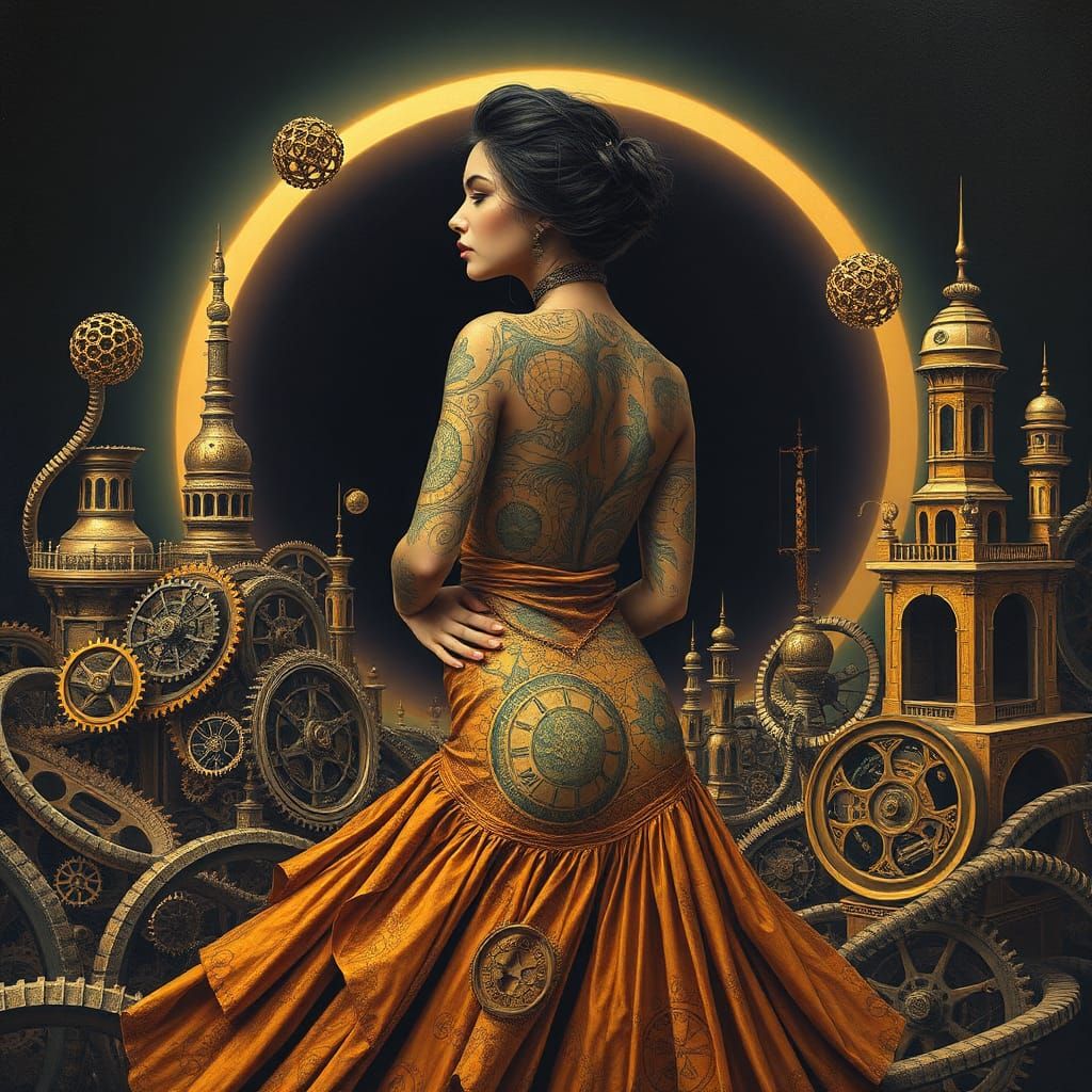 Surreal Armadillo Tattoo in Dreamlike Clockwork Landscape