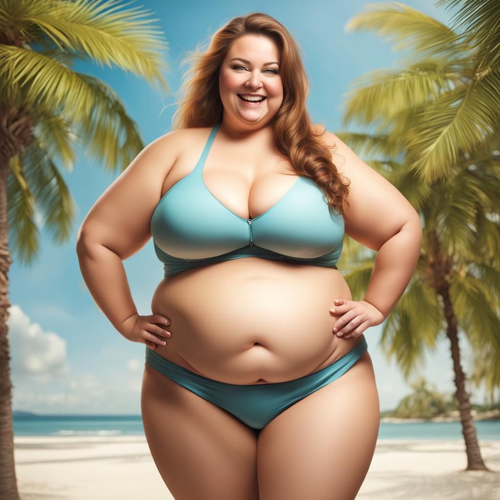Plus-Size Woman in Bikini Smiling: Photorealistic Image