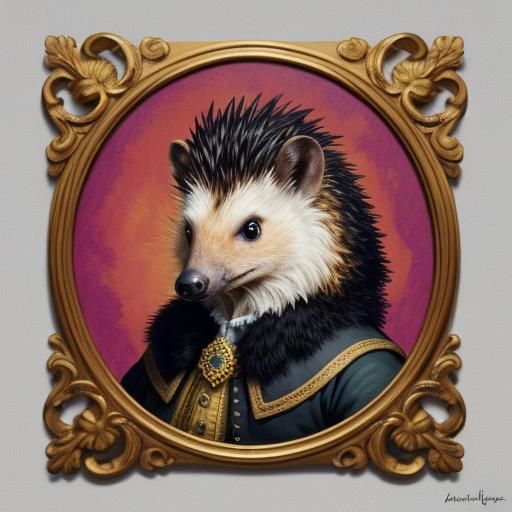 Hedgehog in Colonial Attire in Abstract Landscape
