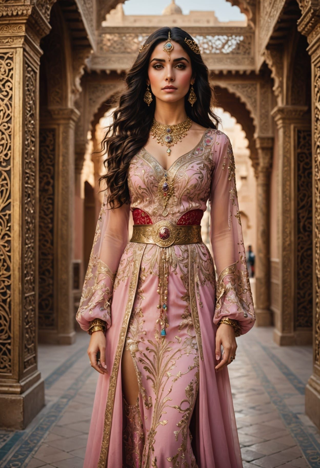 Elegant Woman in Pink Dress with Gold Patterns and Middle Ea...