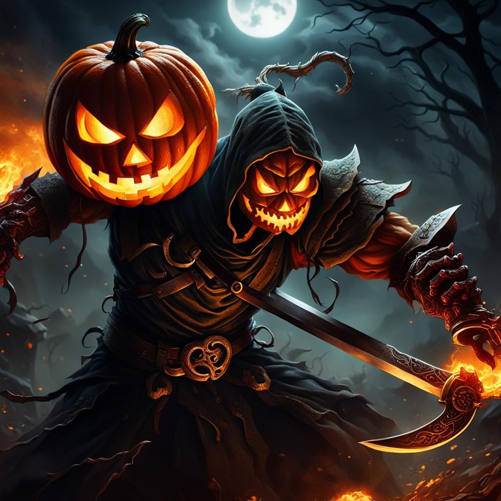 Jack O' Lantern Warrior in a Dark Fantasy Illustration