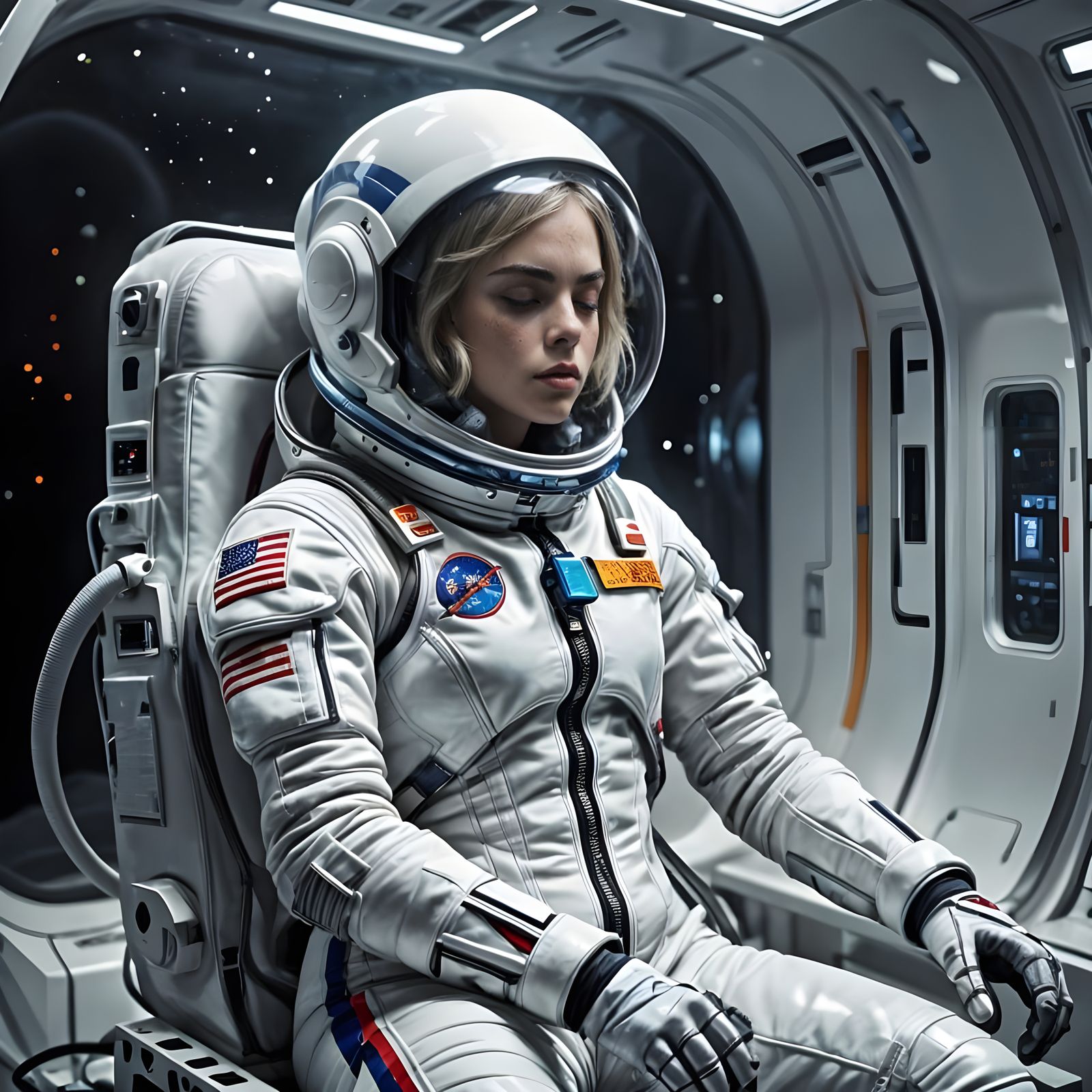 Cara Delevigne Unconscious in Spacesuit, Photorealistic Rend...