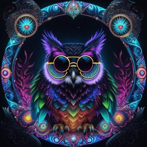 Visionary Oil Painting of a Neon Owl