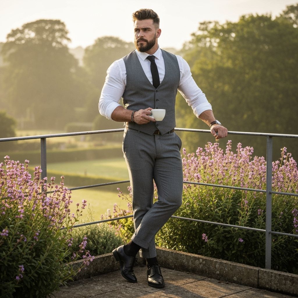 Muscular Man in Elegant Attire on English Terrace