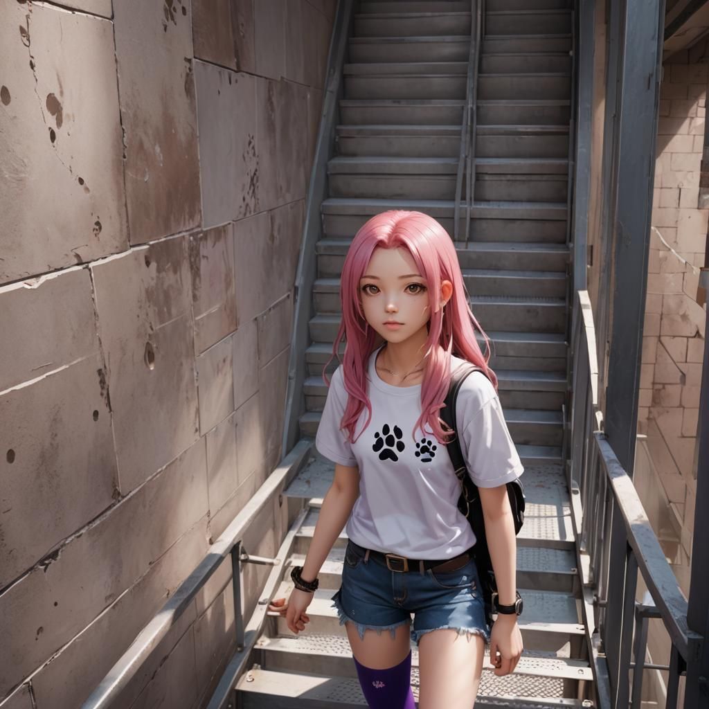 Anime Girl with Pink Hair in Metal Stairwell