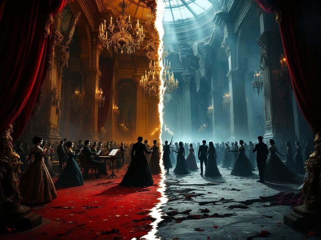 Opulent Ballroom Masquerade and Decayed Ruins