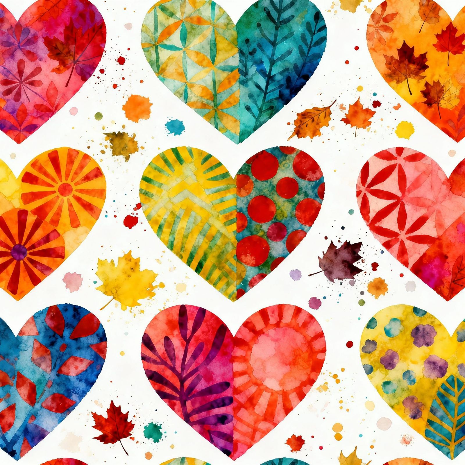 Seamless Heart Pattern with Fall Splatters in Abstract Style