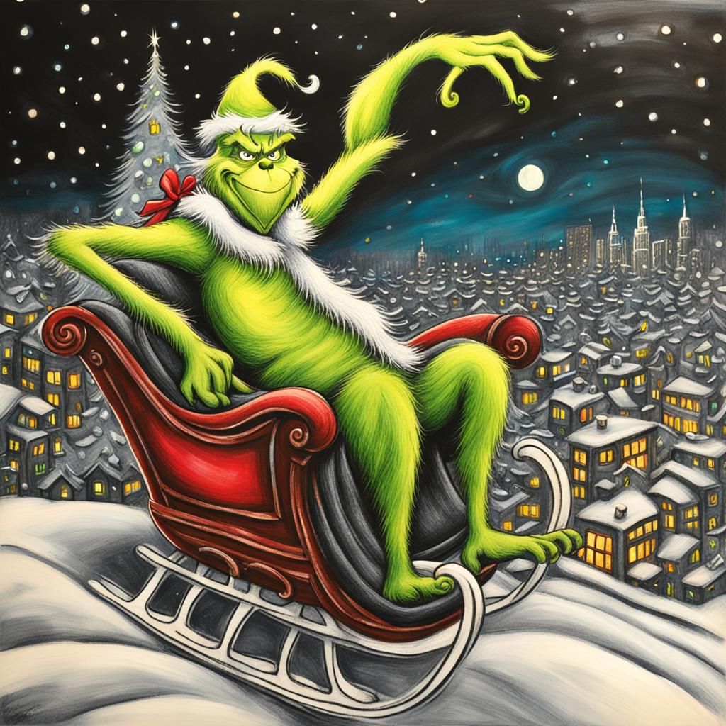Grinch Soaring Over City in Dr. Seuss Style