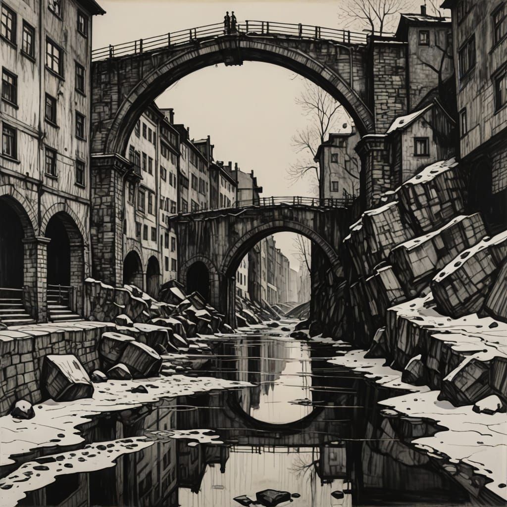 Timeless Bridge Illuminated by Stormy Luminance in a Stylize...