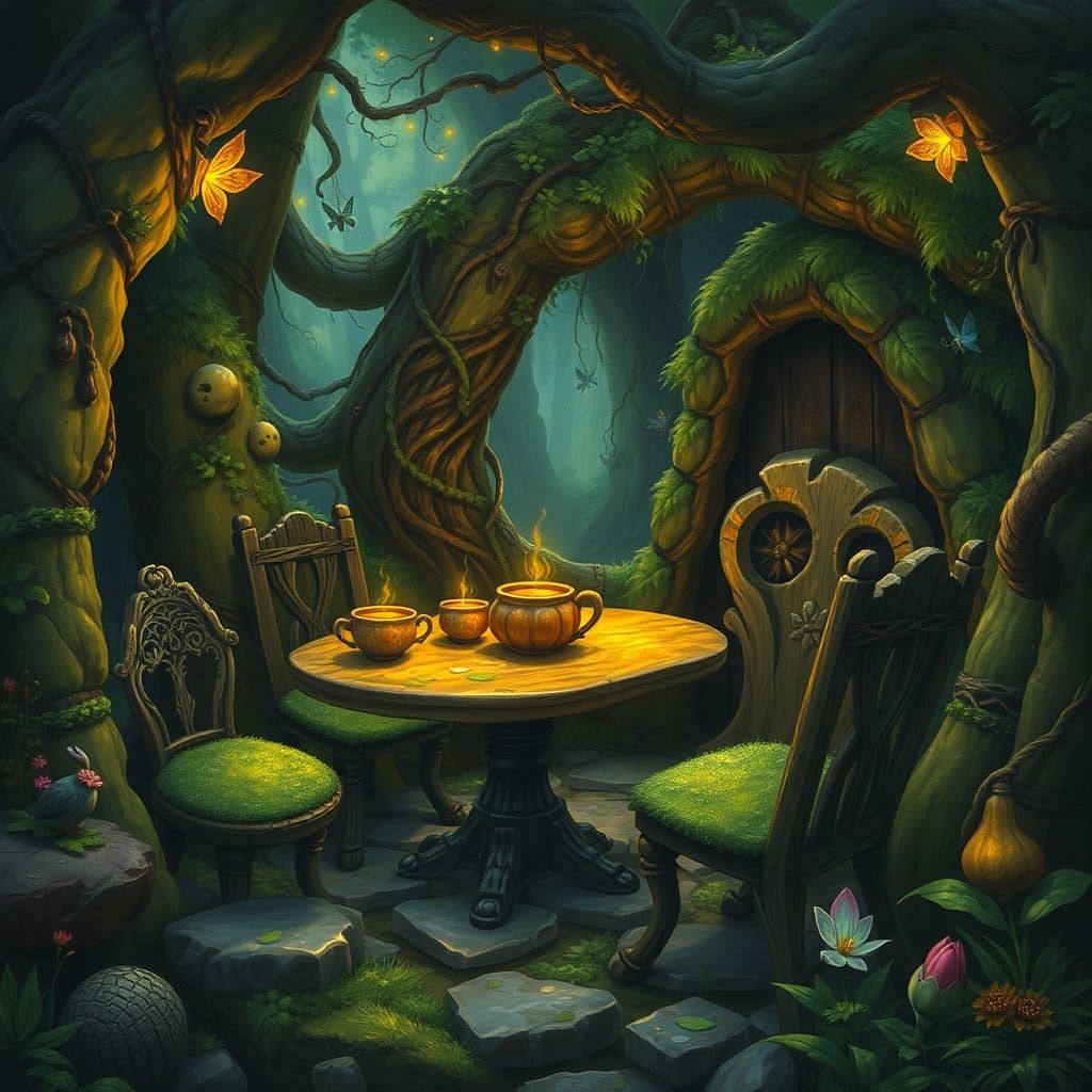 Enchanted Forest Cafe With Glowing Coffee and Sprites