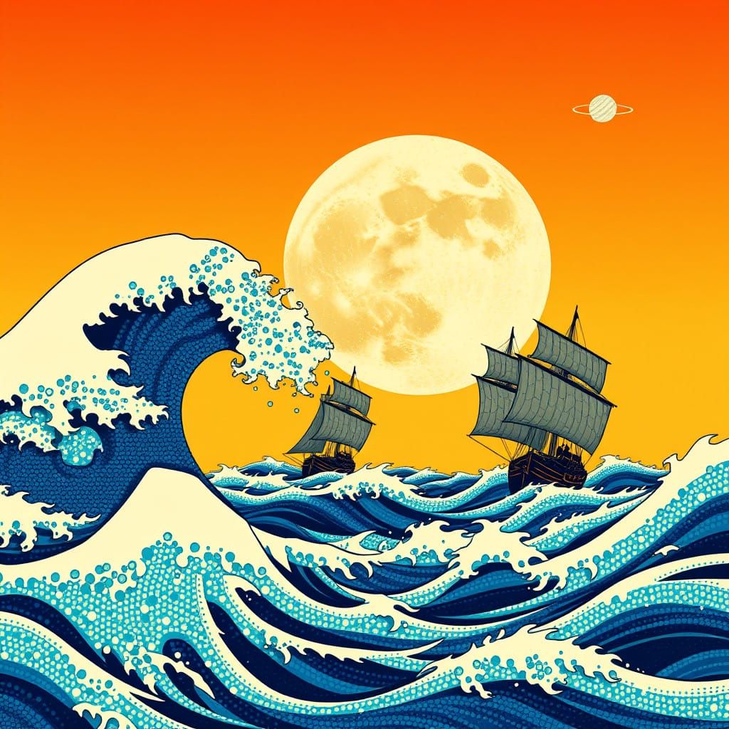 Dreamlike Ocean Scene in Pointillist Style with Modern Flair