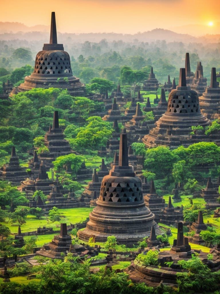 Borobudur Temple at Sunset, Indonesia, in Dramatic Cinematic...