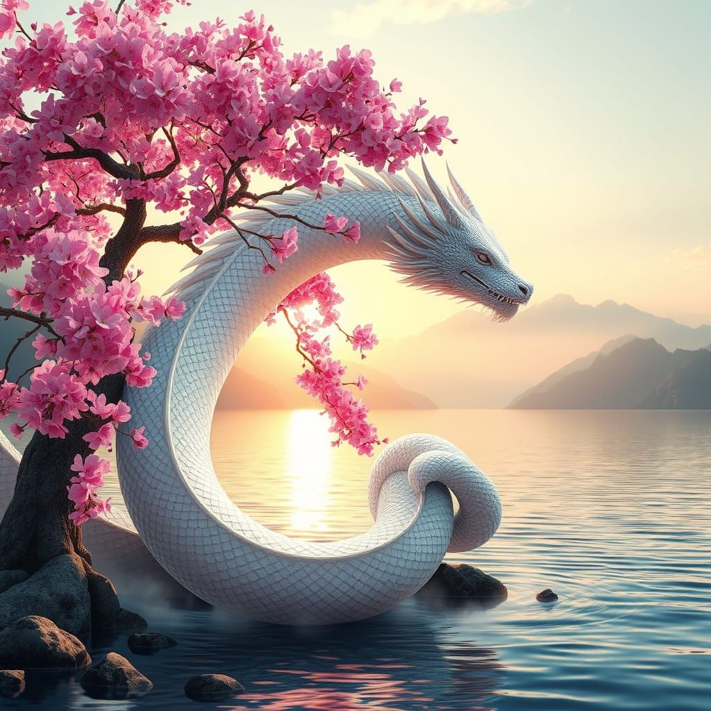 Surreal Fantasy Dragon Unfurls Around Blossoming Sakura Tree