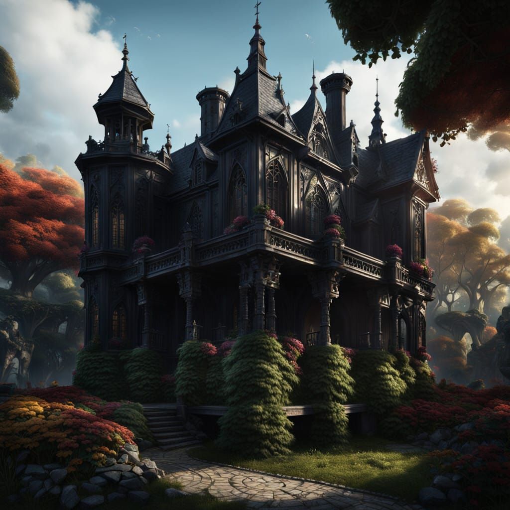 Ethereal Dark Fantasy Mansion in a Gothic Garden
