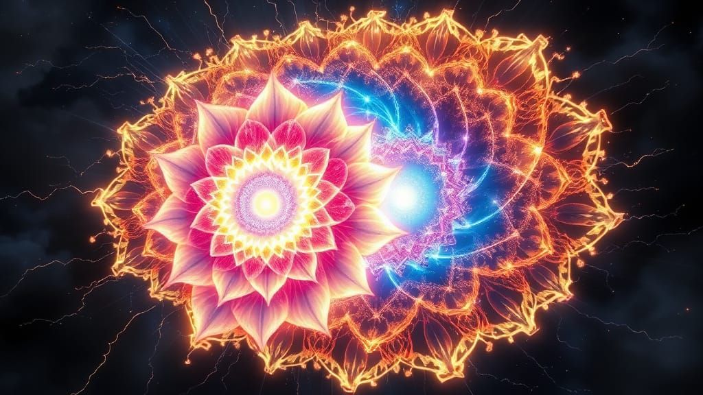 Bioluminescent Galaxy Flowers in Aurora With Fractal Lightni...