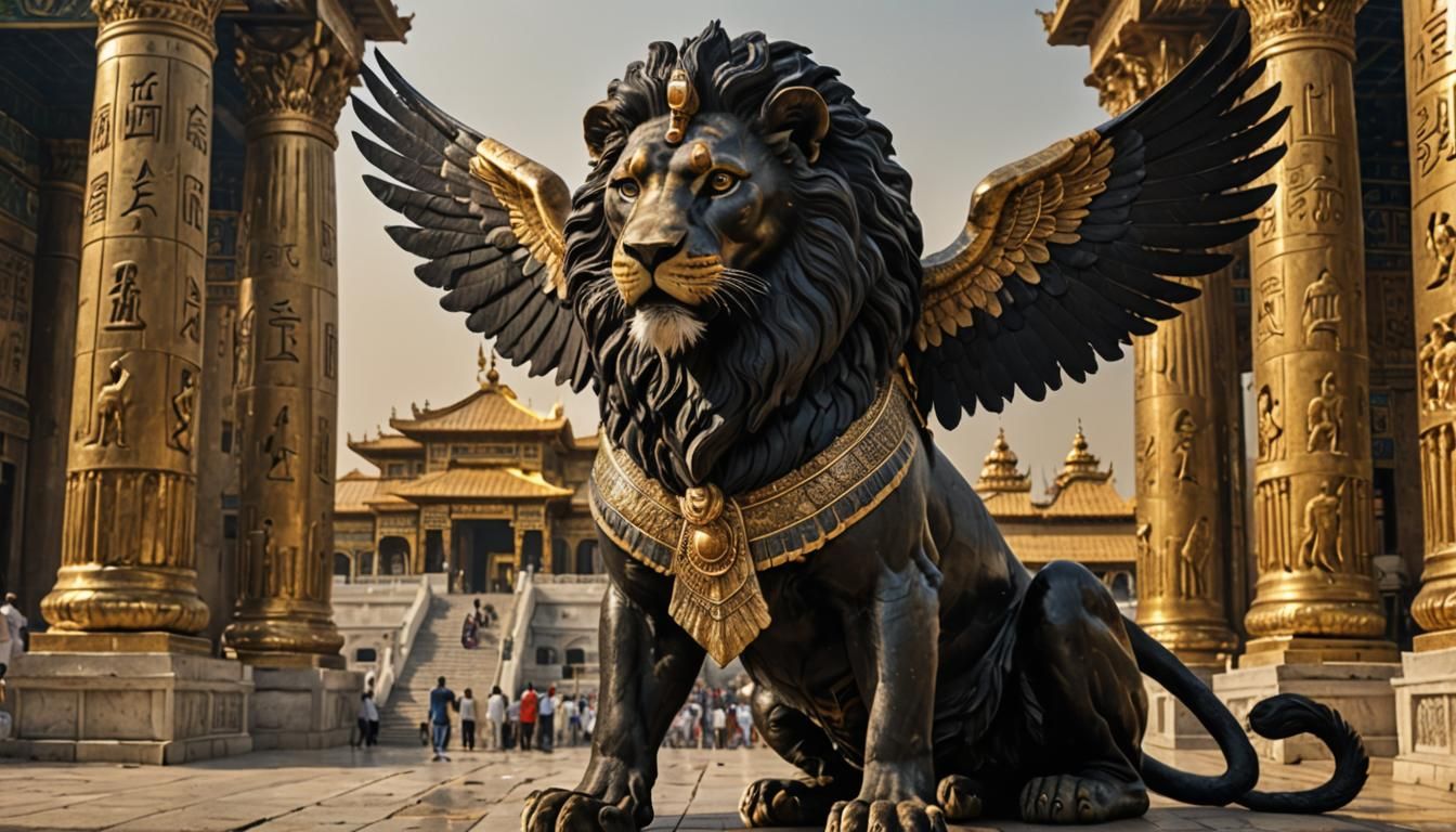 Winged Black Lion Guardian of Egyptian Temple