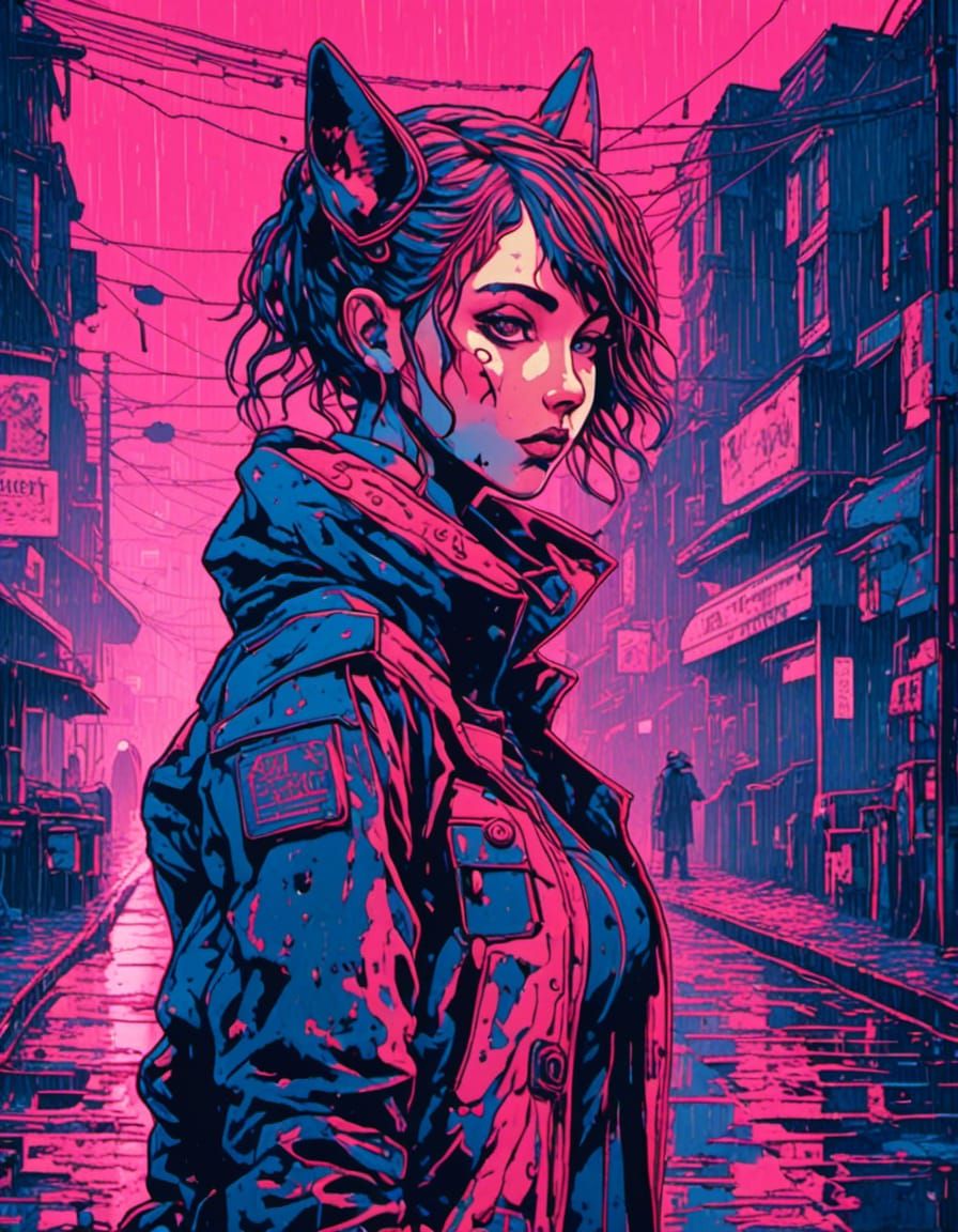 Victorian Cyborg Catgirl in Cyberpunk Cityscape