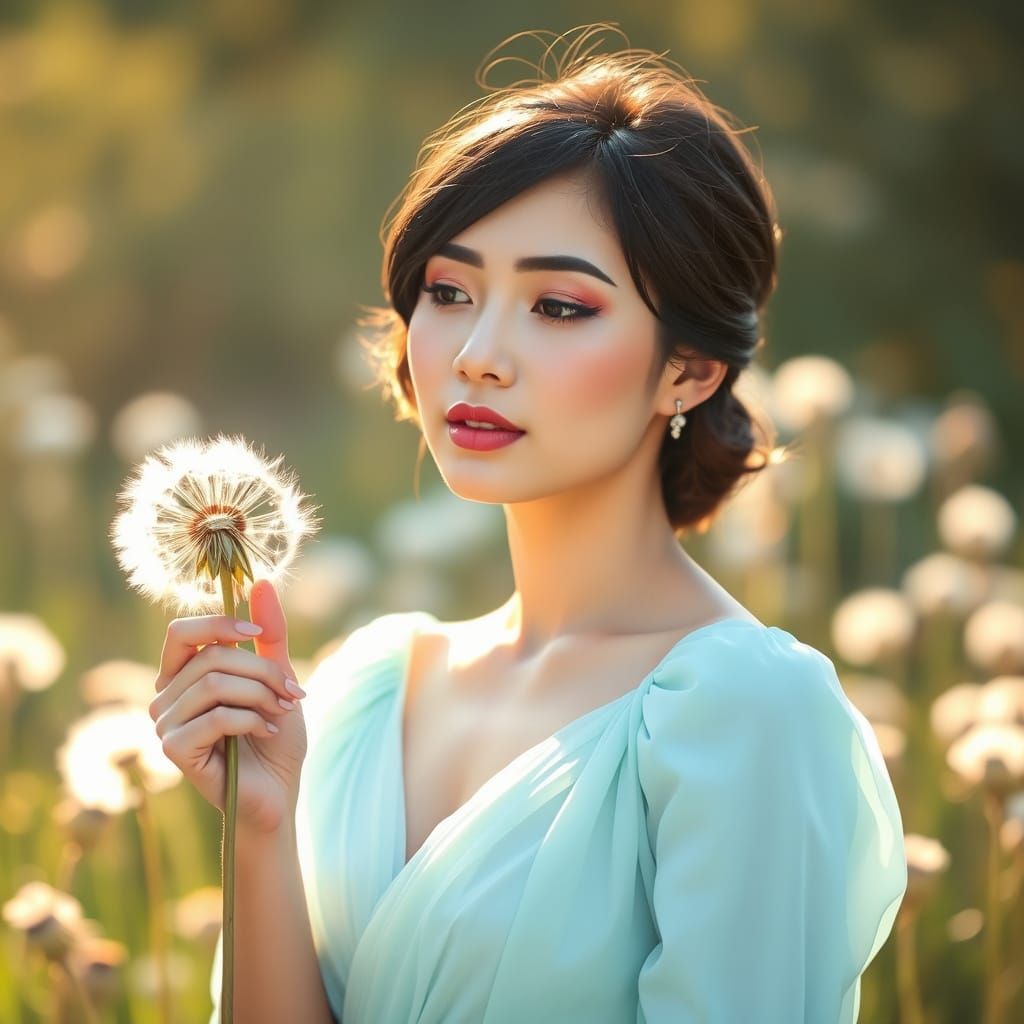 Woman with Dandelion in Ethereal Airbrushed Style