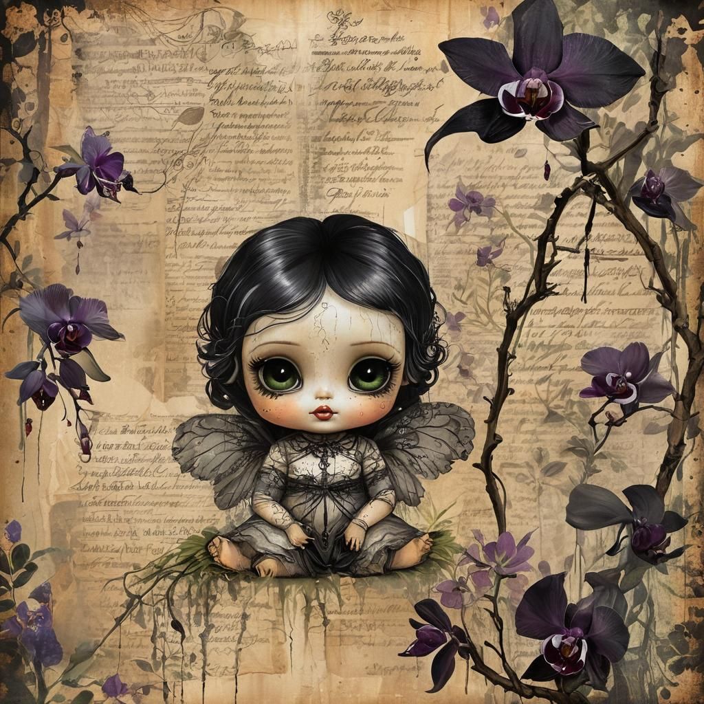 Gothic Winged Baby Doll in Watercolor Garden