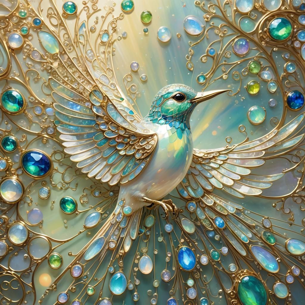 Opal Bird Portrait with Rainbow Light, Dreamy Art