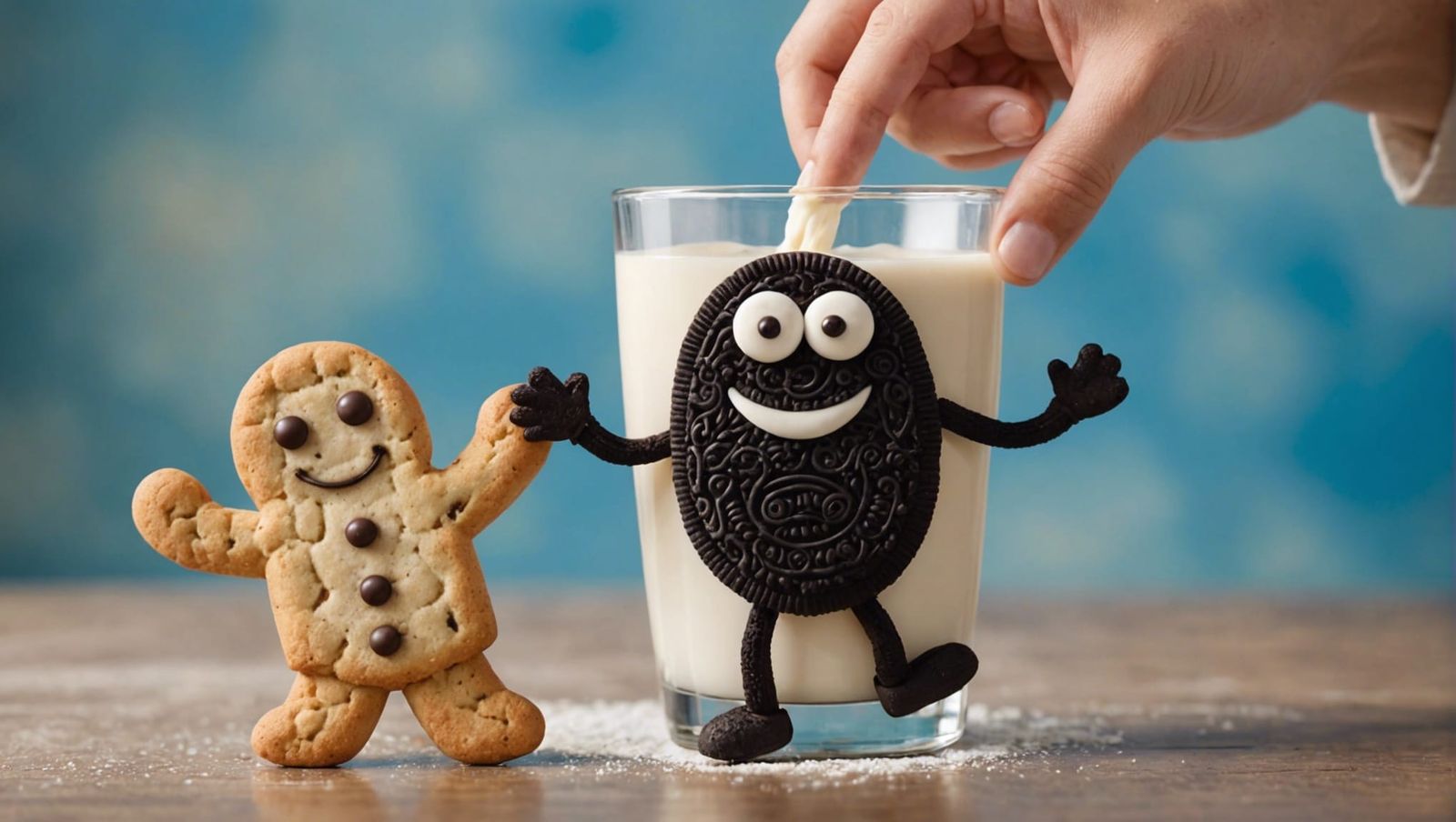 Anthropomorphic Cookie Dunks Tiny Human in Milk
