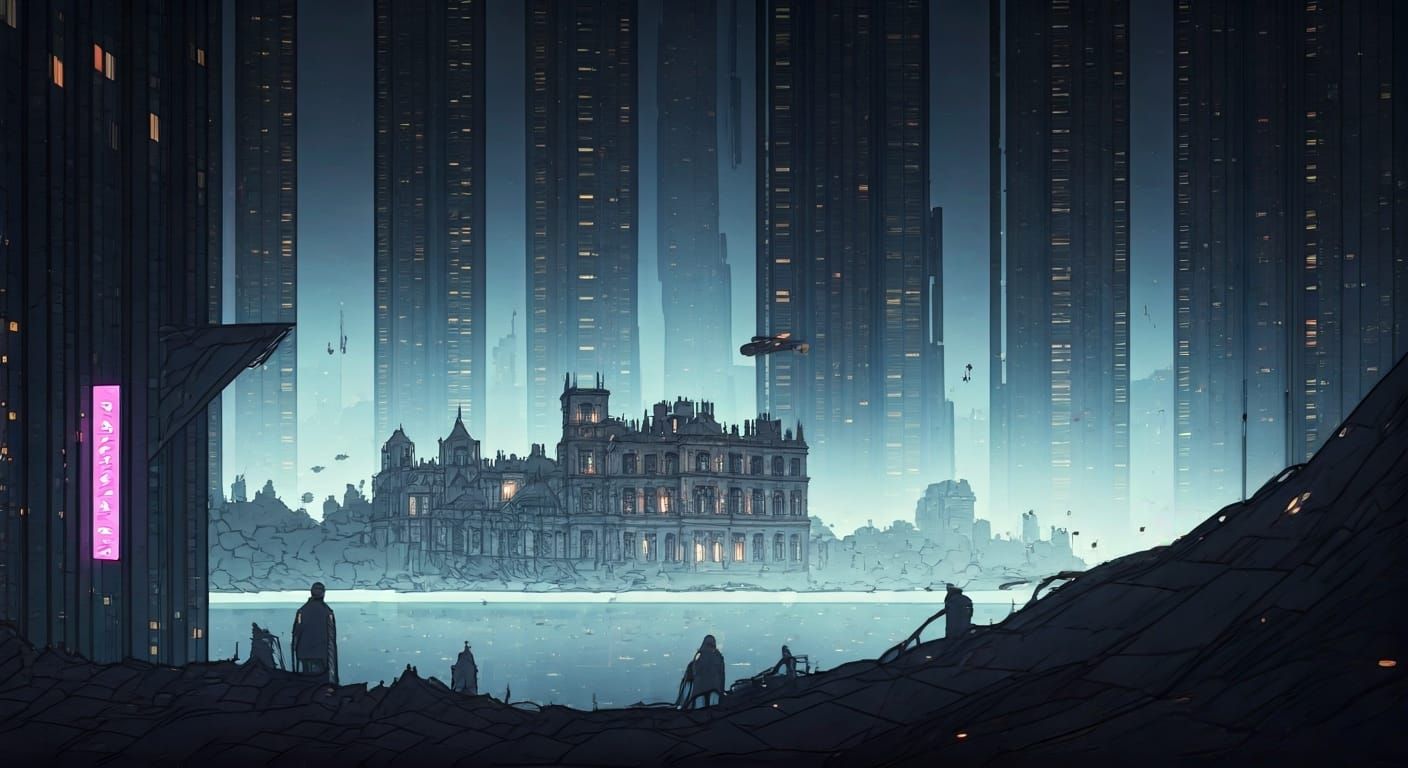 Cyberpunk Cityscape with Ruined Stately Home