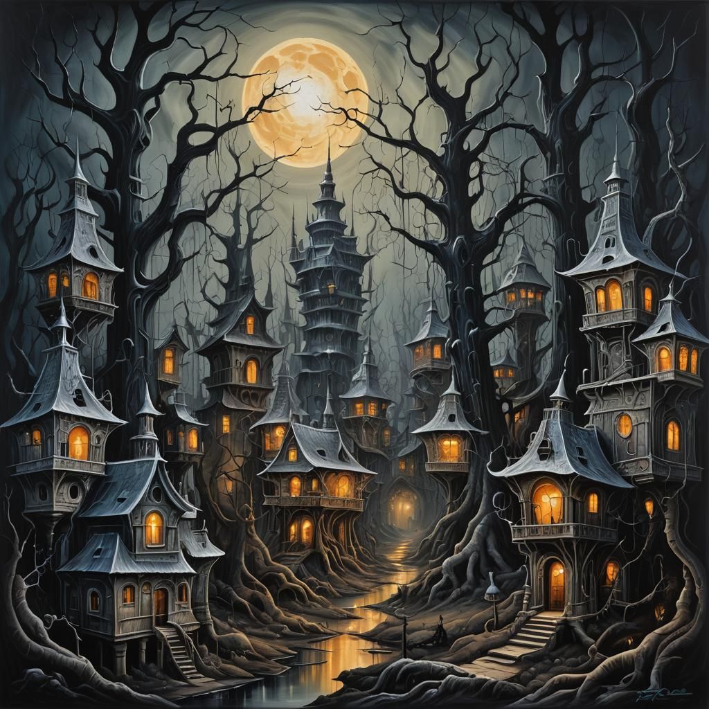 Surreal Village in Eternal Dusk, as Oil Painting