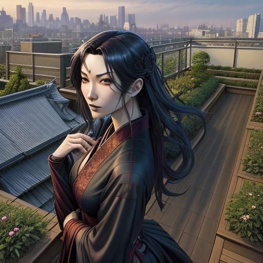 Japanese Gothic Girl in Rooftop Garden: Comic Book Art