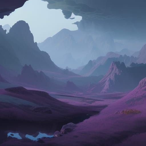 Purple Mountain Landscape in Art Nouveau Style