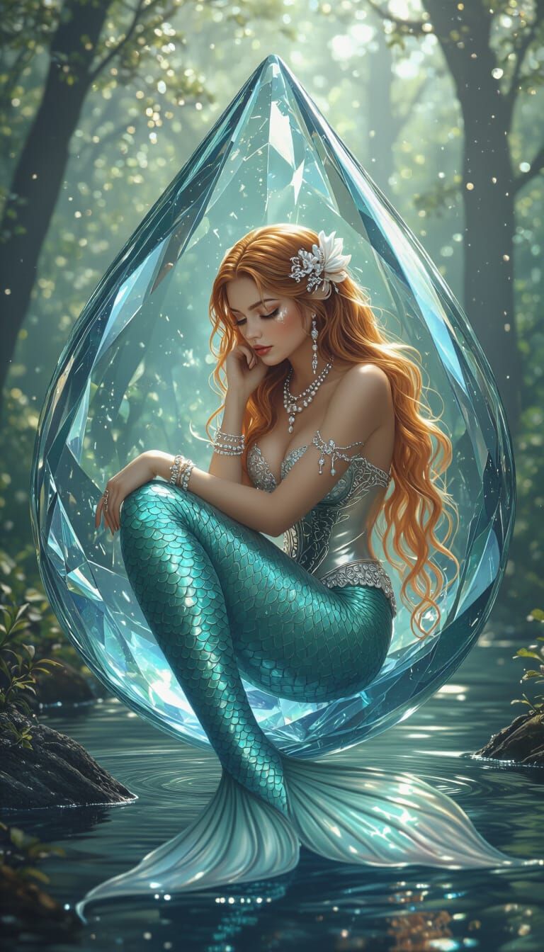 European Mermaid in Crystal Water Droplet