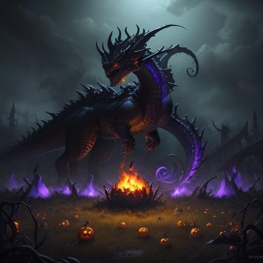 Fire Dragon in Haunted Pumpkin Patch: Digital Art